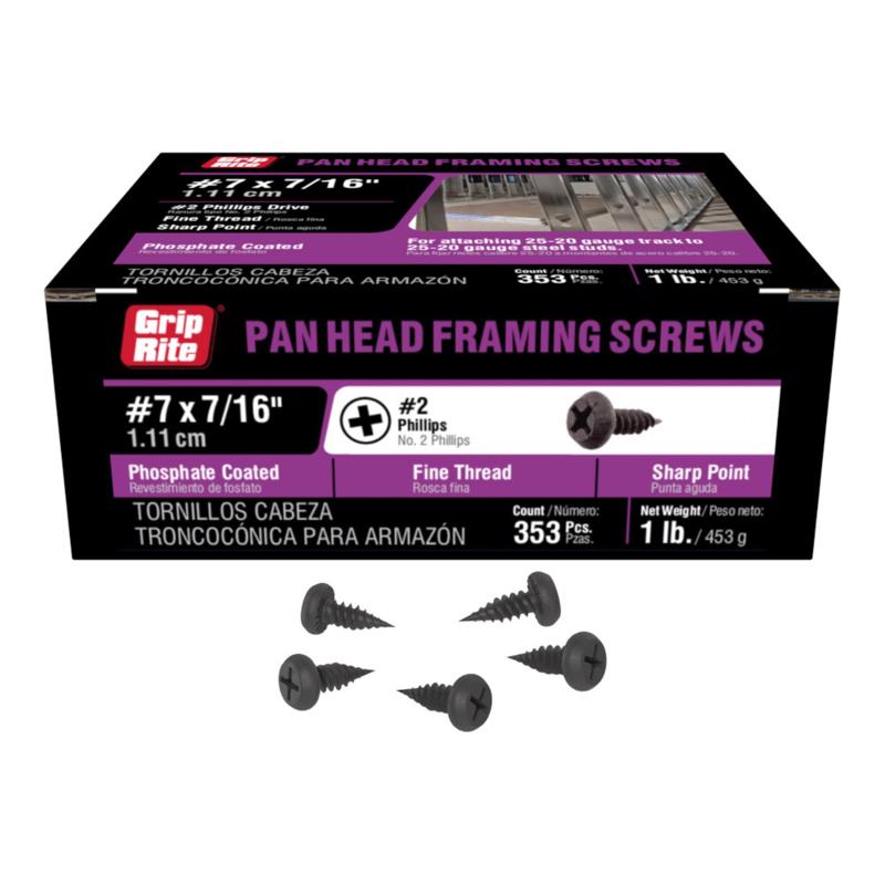 Grip-Rite No. 7 wire X 7/16 in. L Phillips Pan Head Fine Framing Screws (Pack of 12)