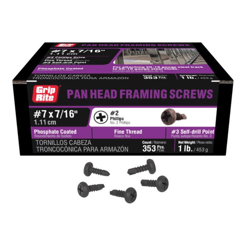 Grip-Rite No. 7 Sizes X 7/16 in. L Phillips Pan Head Sheet Metal Screws 1 lb 400 pk (Pack of 12)