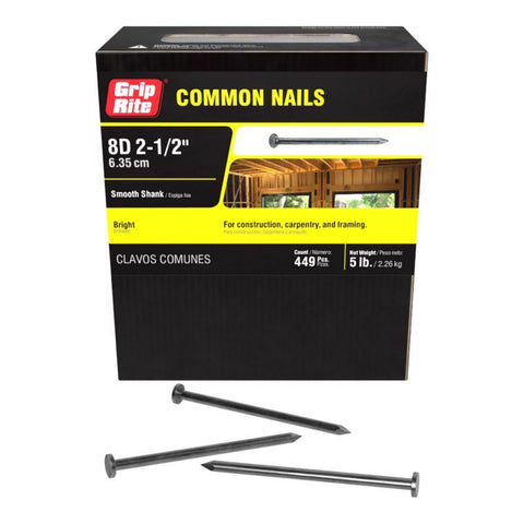 Grip-Rite 8D 2-1/2 in. Common Bright Steel Nail Flat Head 5 lb (Pack of 6)