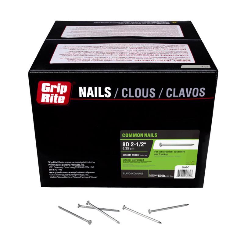 Clavo común de acero galvanizado por inmersión en caliente Grip-Rite 8D de 2-1/2 pulg., cabeza plana, 50 lb