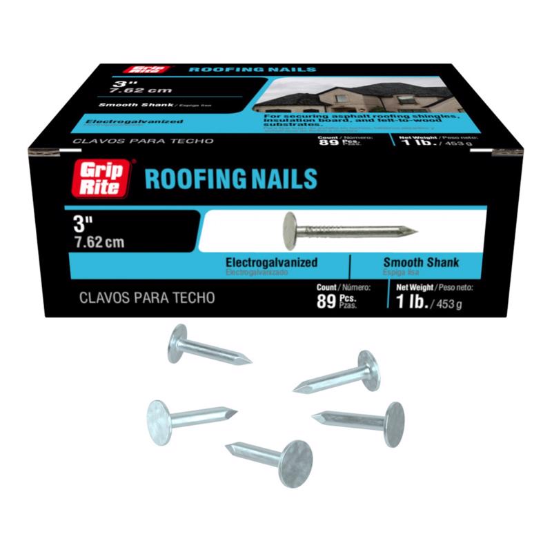 Grip-Rite 3 in. Roofing Electro-Galvanized Steel Nail Flat Head 1 lb (Pack of 12)