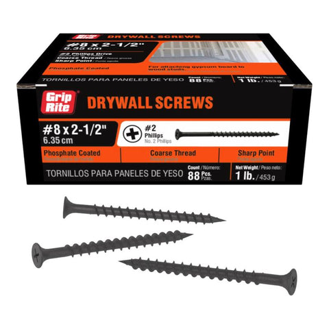 Grip-Rite No. 8 X 2-1/2 in. L Phillips Coarse Drywall Screws 1 lb 119 pk (Pack of 12)