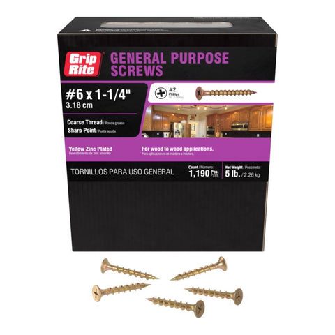Grip-Rite No. 6 X 1-1/4 in. L Phillips Yellow Zinc Coarse Wood Screws 1190 pk (Pack of 6)