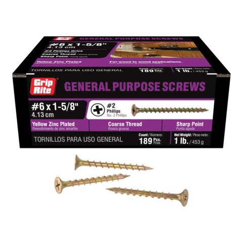 Grip-Rite No. 6 X 1-5/8 in. L Phillips Yellow Zinc Coarse Wood Screws 189 pk (Pack of 12)