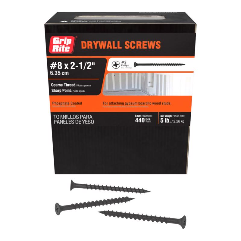 Grip-Rite No. 8 X 2-1/2 in. L Phillips Coarse Drywall Screws 5 lb 595 pk (Pack of 6)