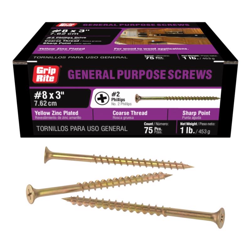 Grip-Rite No. 8 X 3 in. L Phillips Zinc-Plated Coarse Wood Screws 75 pk (Pack of 12)