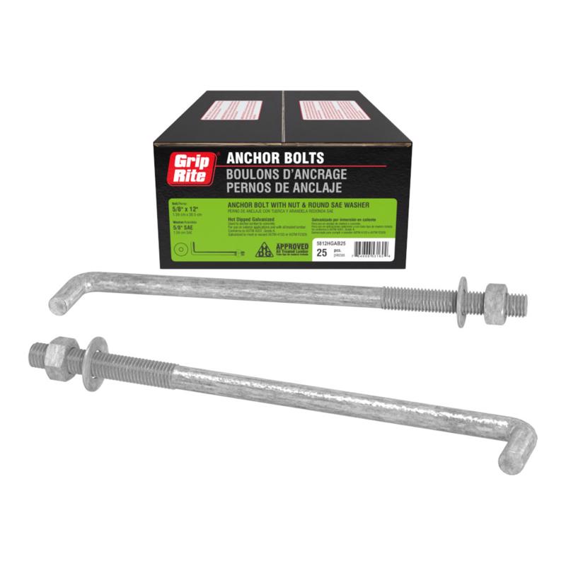 Pernos de anclaje de acero con cabeza de gancho Grip-Rite, 5/8 pulg. de diámetro x 12 pulg. de largo, paquete de 25