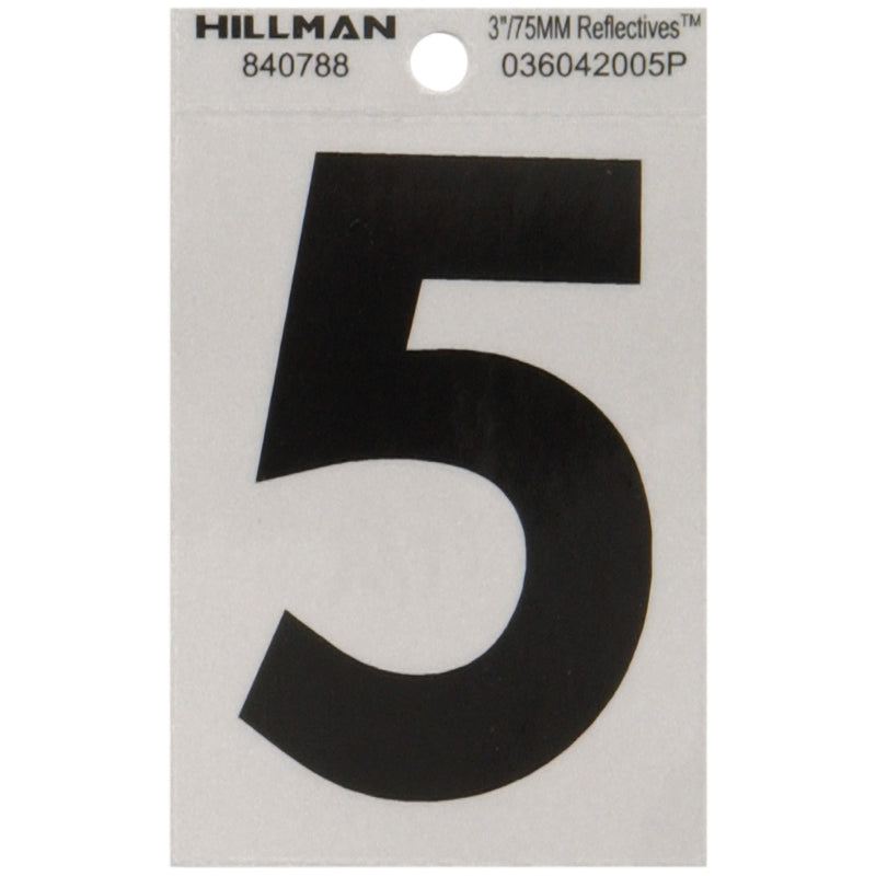HILLMAN 3 in. Reflective Black Vinyl Self-Adhesive Number 5 1 pc (Pack of 6)