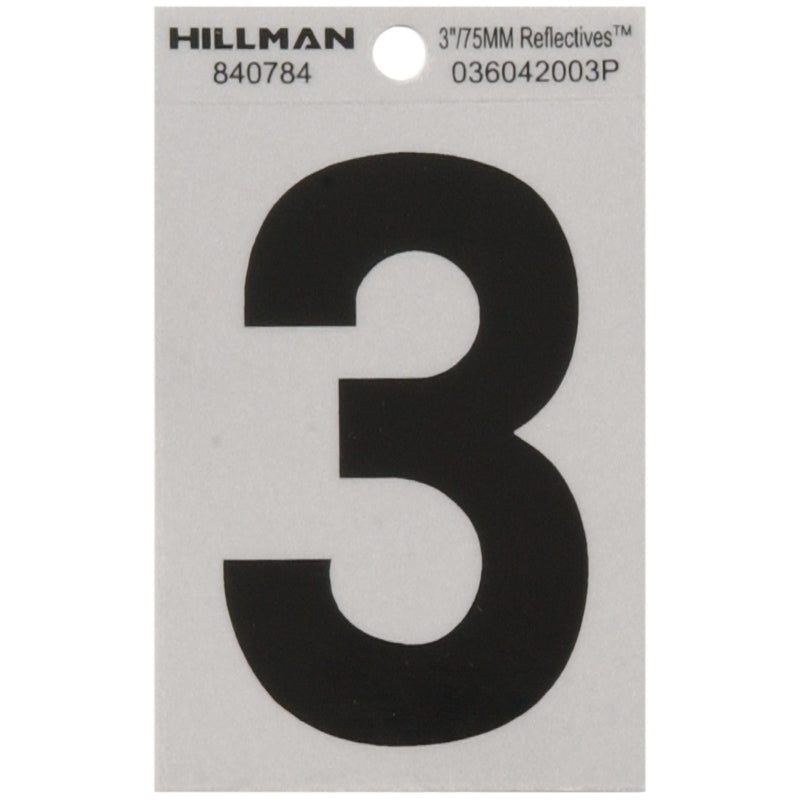HILLMAN 3 in. Reflective Black Vinyl Self-Adhesive Number 3 1 pc (Pack of 6)