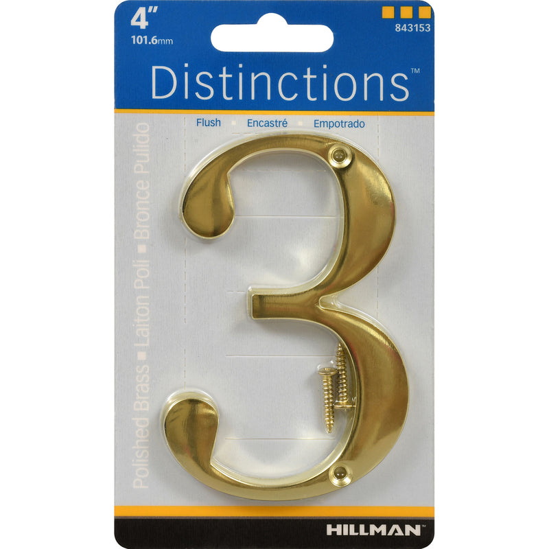 HILLMAN Distinctions 4 in. Gold Zinc Die-Cast Screw-On Number 3 1 pc (Pack of 3)