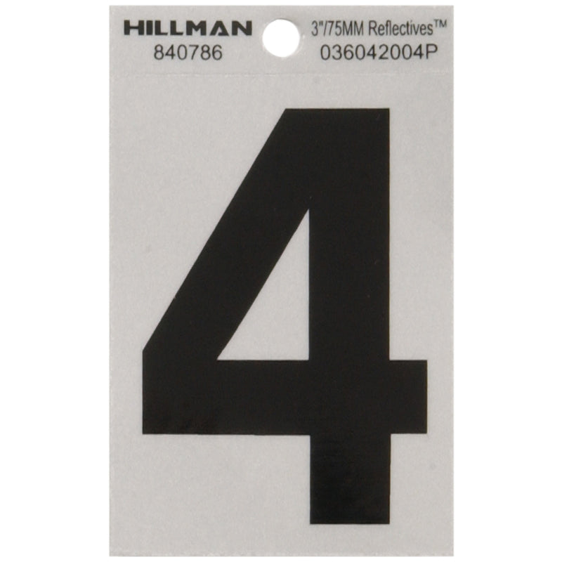 HILLMAN 3 in. Reflective Black Vinyl Self-Adhesive Number 4 1 pc (Pack of 6)