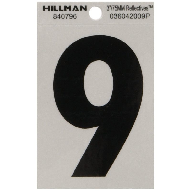 HILLMAN 3 in. Reflective Black Vinyl Self-Adhesive Number 9 1 pc (Pack of 6)