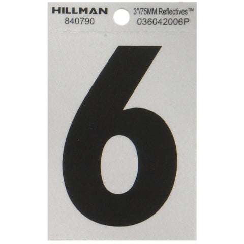 HILLMAN 3 in. Reflective Black Vinyl Self-Adhesive Number 6 1 pc (Pack of 6)