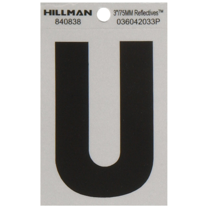 HILLMAN 3 in. Reflective Black Vinyl Self-Adhesive Letter U 1 pc (Pack of 6)