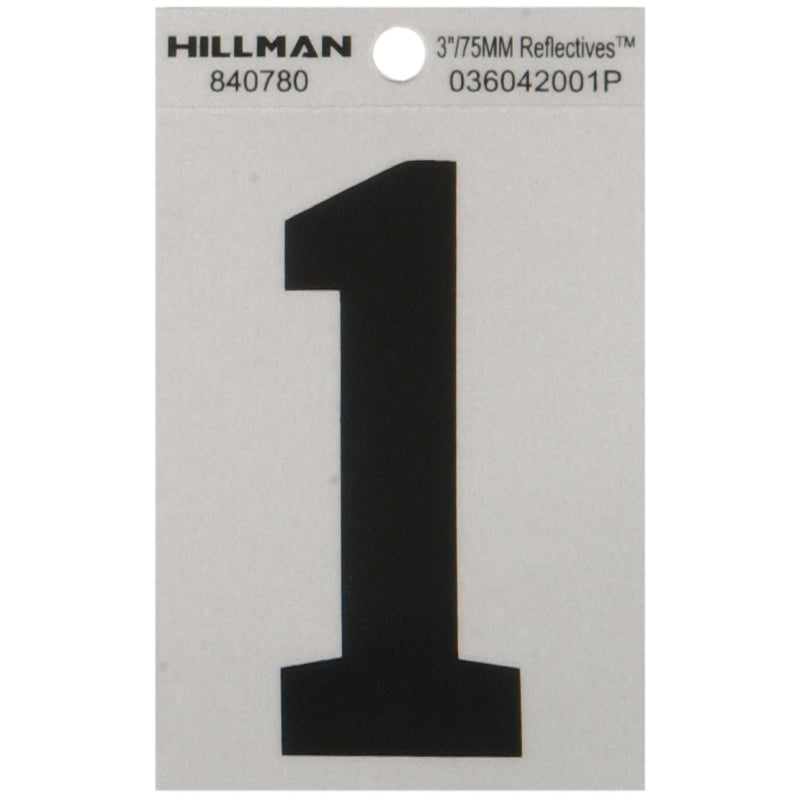 HILLMAN 3 in. Reflective Black Vinyl Self-Adhesive Number 1 1 pc (Pack of 6)
