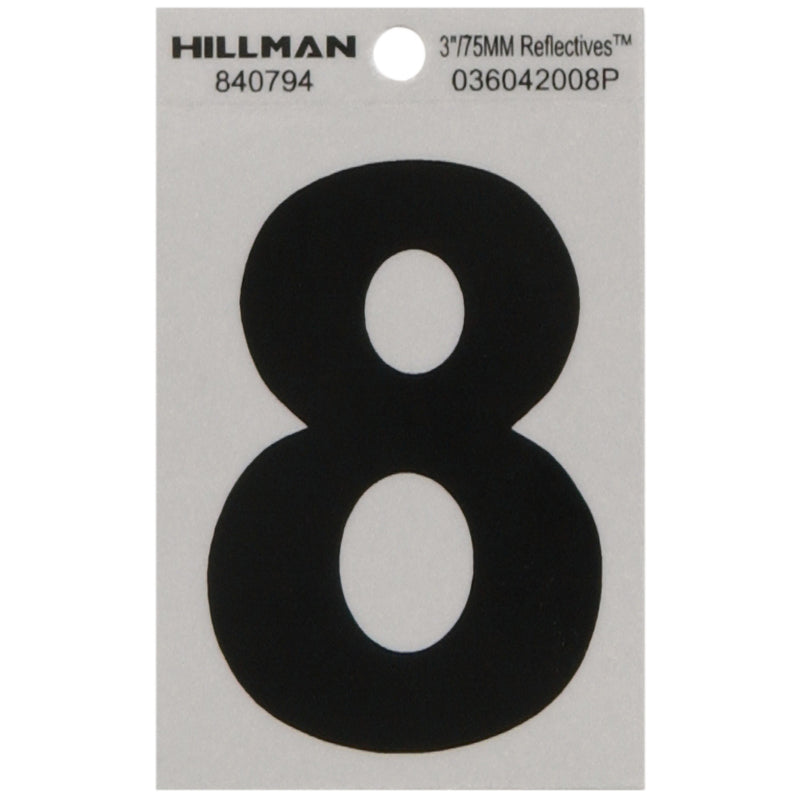 HILLMAN 3 in. Reflective Black Vinyl Self-Adhesive Number 8 1 pc (Pack of 6)