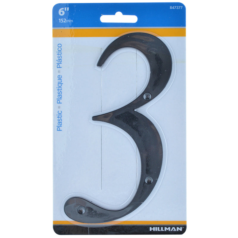HILLMAN 6 in. Black Plastic Nail-On Number 3 1 pc (Pack of 3)