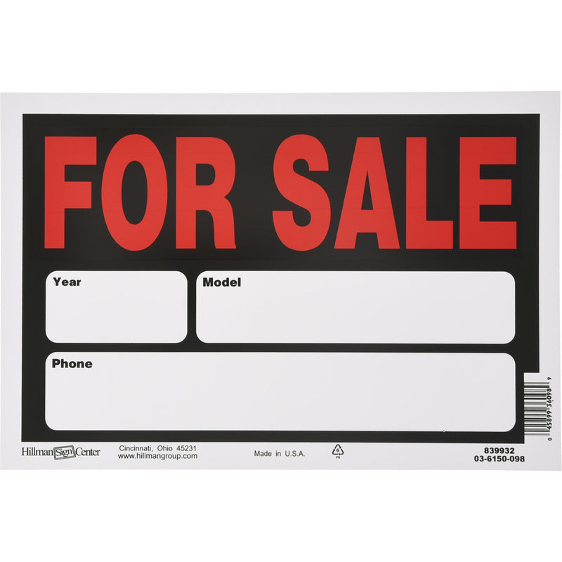 HILLMAN English Black Auto For Sale Sign 8 in. H X 12 in. W (Pack of 6)