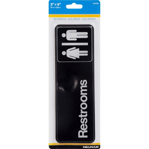 HILLMAN English Black Restroom Plaque 3 in. H X 9 in. W (Pack of 6)