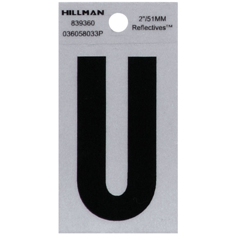 HILLMAN 2 in. Reflective Black Vinyl Self-Adhesive Letter U 1 pc (Pack of 6)