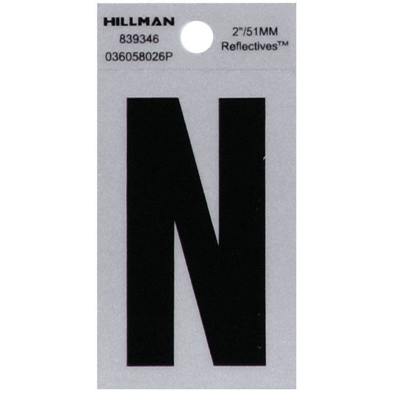 HILLMAN 2 in. Reflective Black Vinyl Self-Adhesive Letter N 1 pc (Pack of 6)