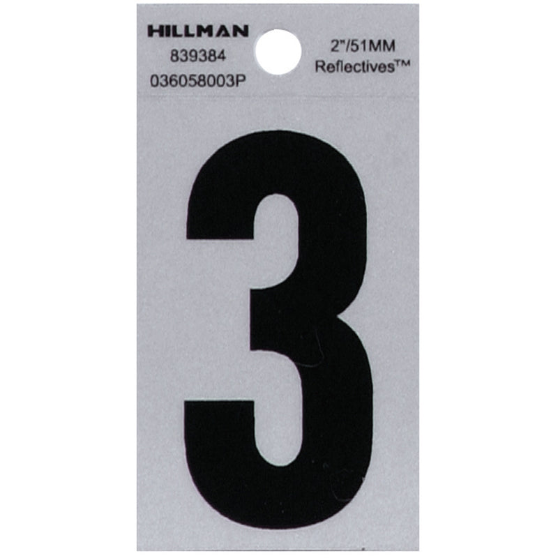HILLMAN 2 in. Reflective Black Vinyl Self-Adhesive Number 3 1 pc (Pack of 6)