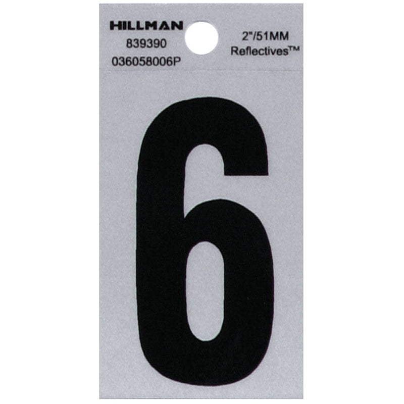 HILLMAN 2 in. Reflective Black Vinyl Self-Adhesive Number 6 1 pc (Pack of 6)