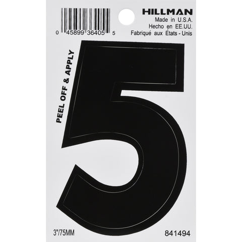 HILLMAN 3 in. Black Vinyl Self-Adhesive Number 5 1 pc (Pack of 6)