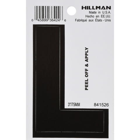 HILLMAN 3 in. Black Vinyl Self-Adhesive Letter L 1 pc (Pack of 6)