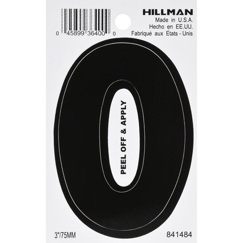 HILLMAN 3 in. Black Vinyl Self-Adhesive Number 0 1 pc (Pack of 6)