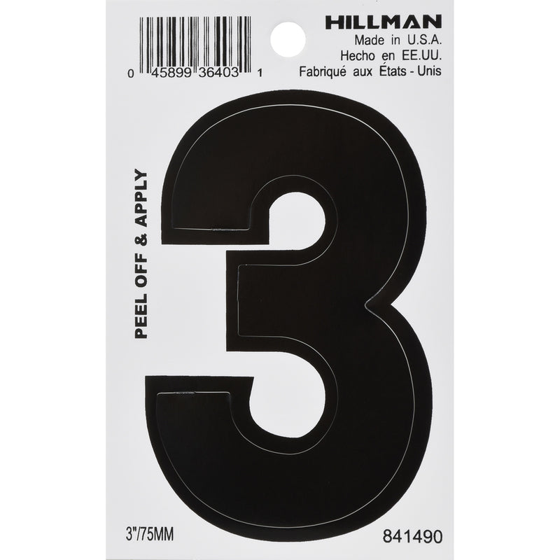 HILLMAN 3 in. Black Vinyl Self-Adhesive Number 3 1 pc (Pack of 6)