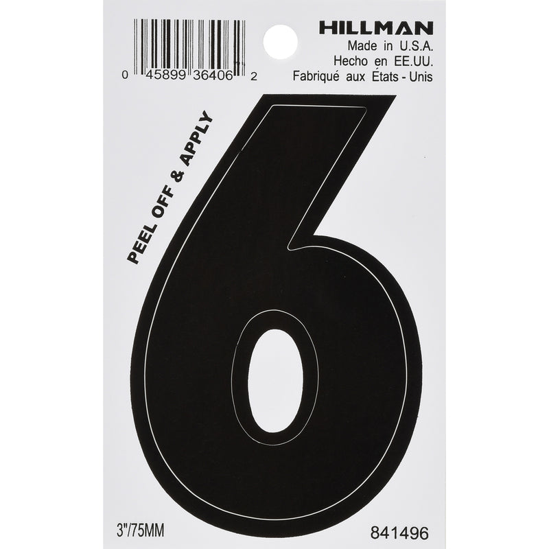 HILLMAN 3 in. Black Vinyl Self-Adhesive Number 6 1 pc (Pack of 6)