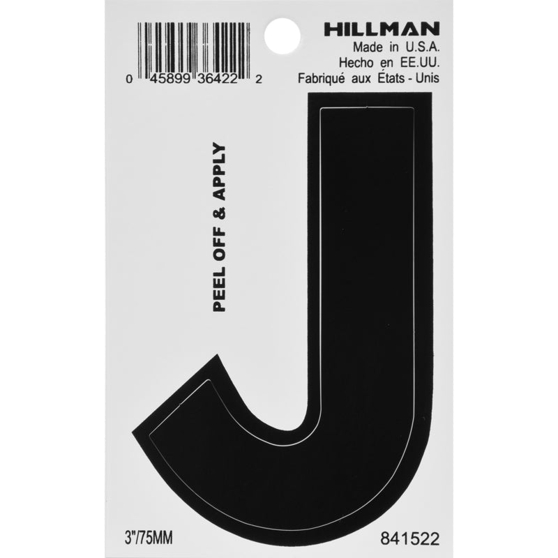 HILLMAN 3 in. Black Vinyl Self-Adhesive Letter J 1 pc (Pack of 6)