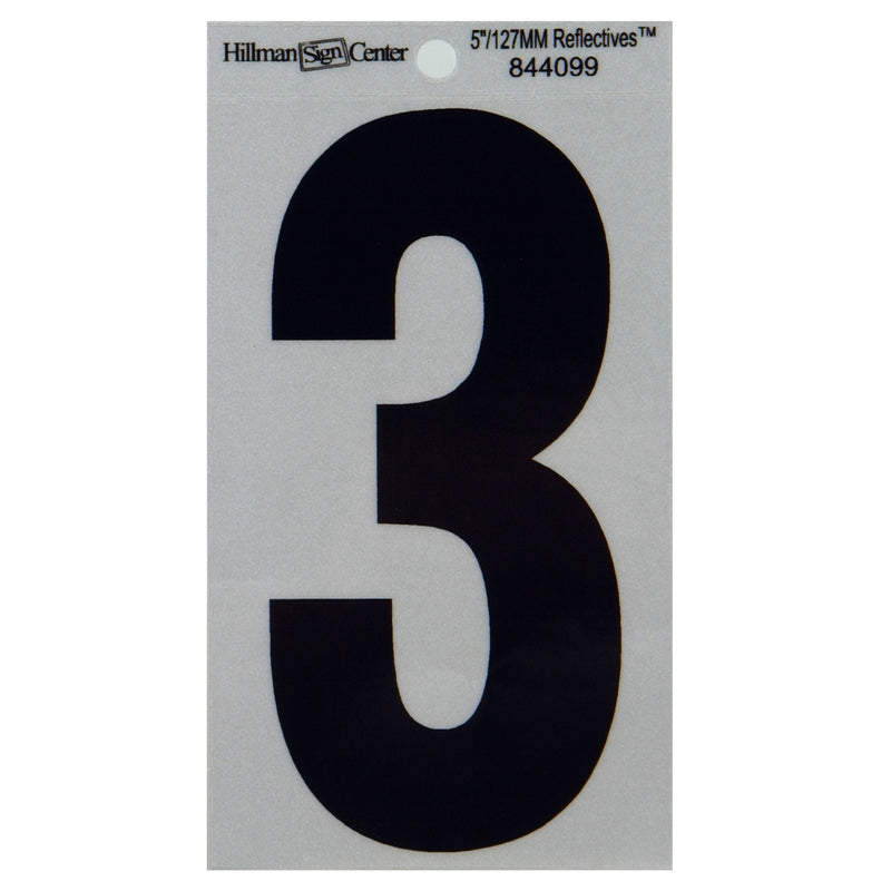 HILLMAN 5 in. Reflective Black Vinyl Self-Adhesive Number 3 1 pc (Pack of 6)