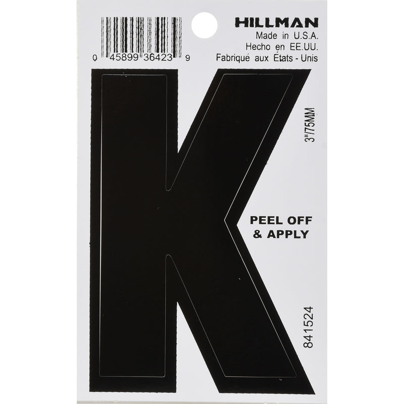 HILLMAN 3 in. Black Vinyl Self-Adhesive Letter K 1 pc (Pack of 6)