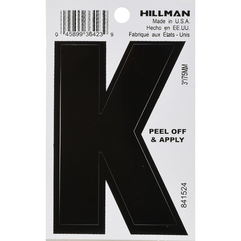 HILLMAN 3 in. Black Vinyl Self-Adhesive Letter K 1 pc (Pack of 6)