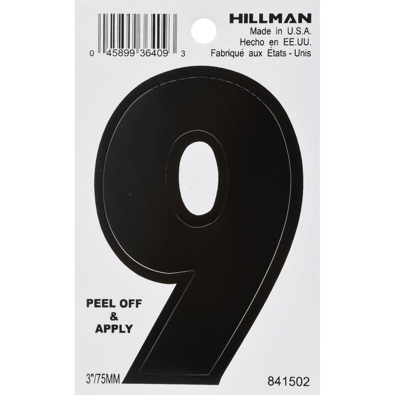 HILLMAN 3 in. Black Vinyl Self-Adhesive Number 9 1 pc (Pack of 6)