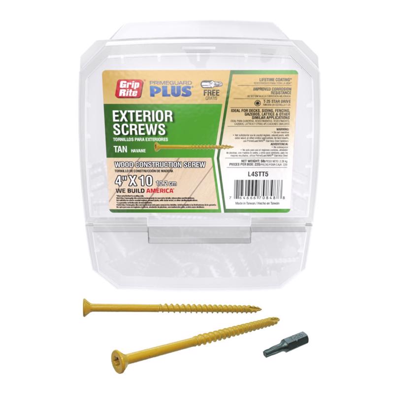 Tornillos para exteriores Grip-Rite PrimeGuard Plus, calibre 10 x 4 pulg. de largo, cabeza de estrella abocardada, color canela, 5 lb (paquete de 4)