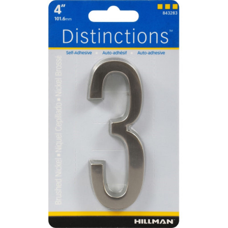 HILLMAN Distinctions 4 in. Silver Zinc Die-Cast Self-Adhesive Number 3 1 pc (Pack of 3)
