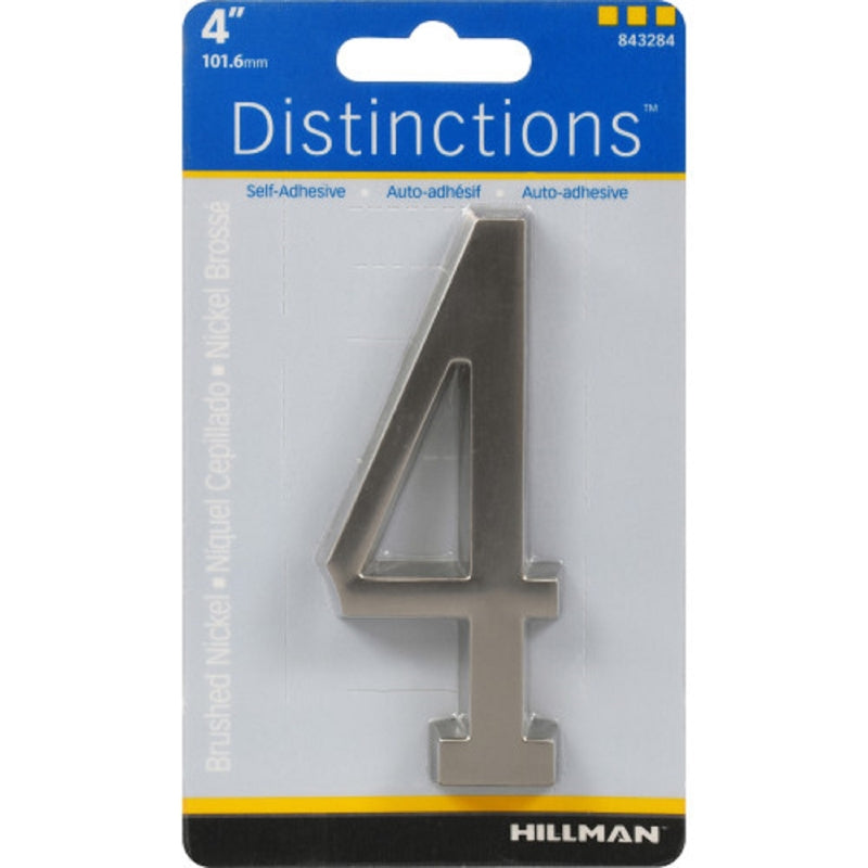HILLMAN Distinctions 4 in. Silver Zinc Die-Cast Self-Adhesive Number 4 1 pc (Pack of 3)