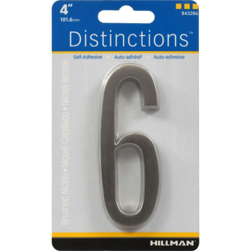 HILLMAN Distinctions 4 in. Silver Zinc Die-Cast Self-Adhesive Number 6 1 pc (Pack of 3)