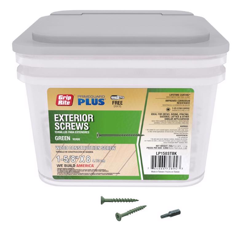 Tornillos para cubierta Grip-Rite PrimeGuard Plus, cabeza plana, estrella verde, calibre 8 × 1-5/8 pulg. de largo, 25 lb