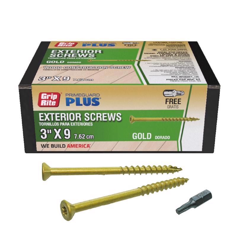 Grip-Rite PrimeGuard Plus No. 9 wire X 3 in. L Gold Star Flat Head Deck Screws 1 lb (Pack of 12)