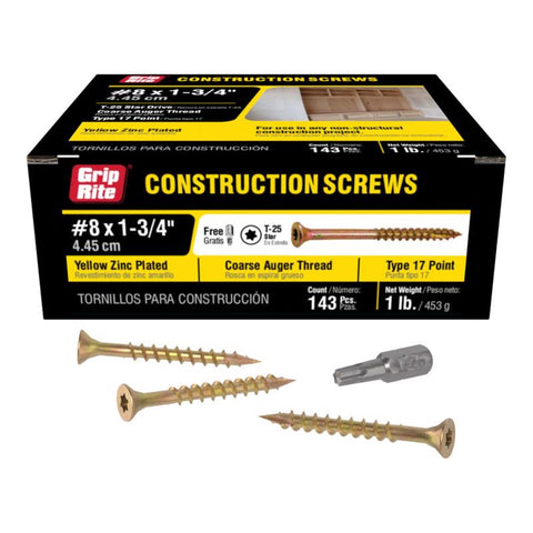 Grip-Rite No. 8 wire X 1-3/4 in. L Star Flat Head Coarse Construction Screws (Pack of 12)