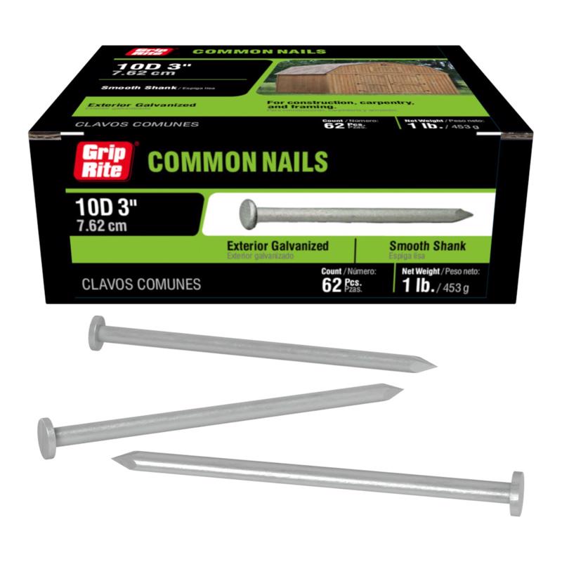 Grip-Rite 10D 3 in. Common Hot-Dipped Galvanized Steel Nail Flat Head 1 lb (Pack of 12)