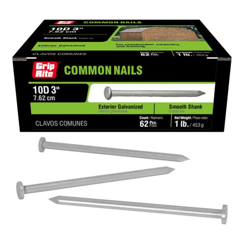 Grip-Rite 10D 3 in. Common Hot-Dipped Galvanized Steel Nail Flat Head 1 lb (Pack of 12)