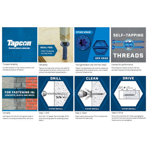 Tapcon 3/16 in. in. X 1-3/4 in. L Star Flat Head High/Low Concrete Screws