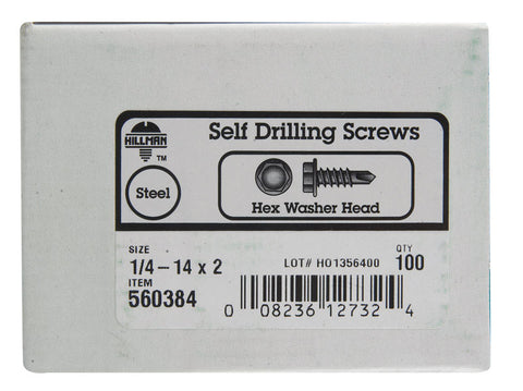 HILLMAN 1/4 in. Ga. X 2 in. L Hex Hex Washer Head Sheet Metal Screws 100 pk
