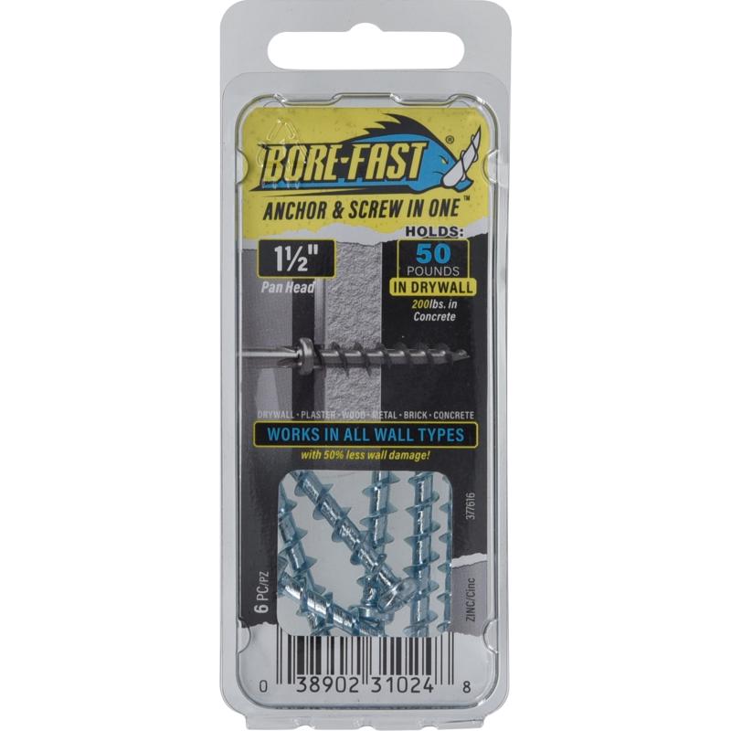 HILLMAN Bore-fast 3/16 in. D X 1-1/2 in. L Steel Pan Head Screw and Anchor 6 pc (Pack of 10)