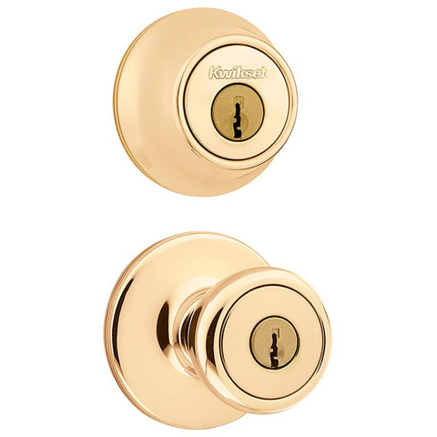Kwikset Tylo Polished Brass Deadbolt and Entry Door Knob 1-3/4 in.